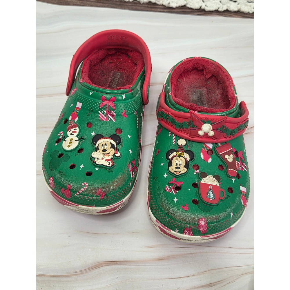 Crocs Kids Disney Mickey Minnie Mouse Christmas Lined Clogs Green Red J1